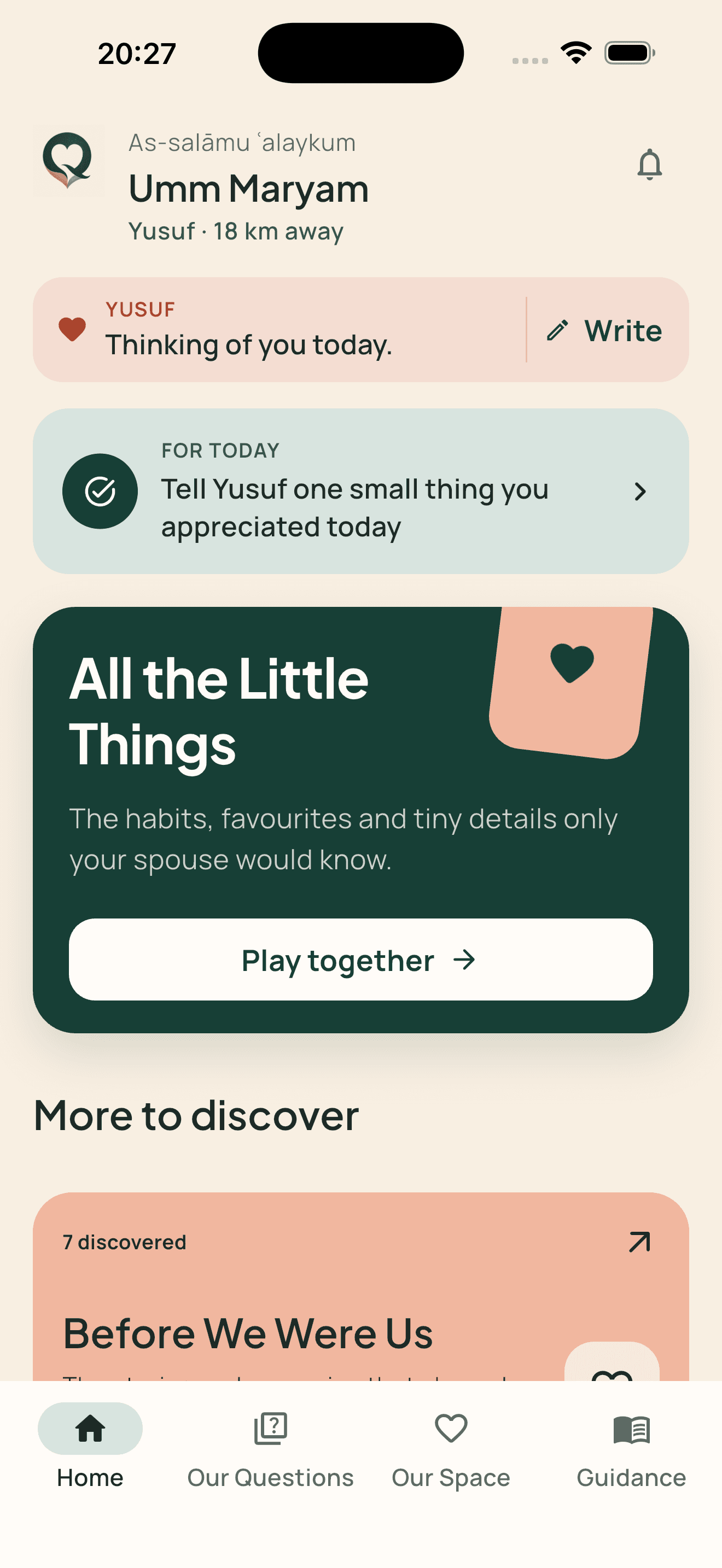 Qalbayn home screen with a daily appreciation prompt and couple question decks